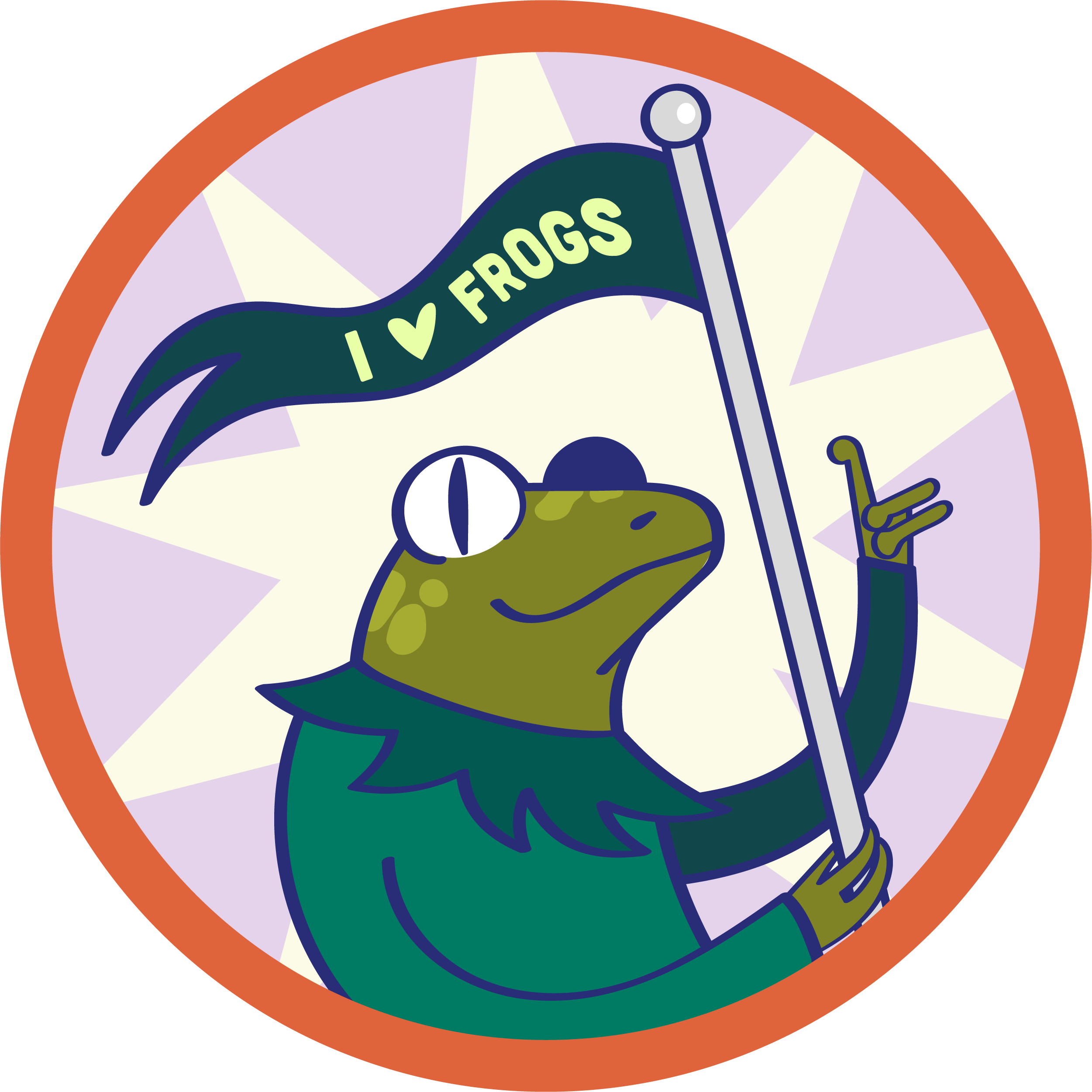 Badge with Frog holding a Flag with the slogan " I love Frogs"